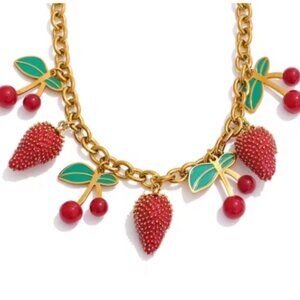Red Enamel Cherry & Strawberry Drop Necklace – Handmade Fruit Charm Jewelry